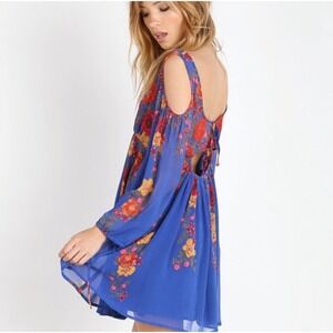 Free People Blue Penny Lover Floral Cold Shoulder Mini Dress Sz XS Boho Festival